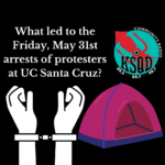 logo of KSQD, image of a fuschia tent, and a pair of hands with handcuffs
