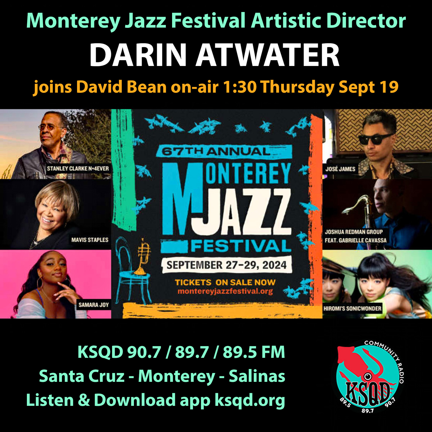 Image for display with article titled Monterey Jazz Festival Artistic Director, Darin Atwater, on New Squid in Town: Thursday 1:30pm.